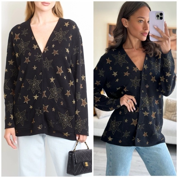SAINT LAURENT Black Over-Sized Cardigan with Gold Star Details SZ M - Picture 1 of 9